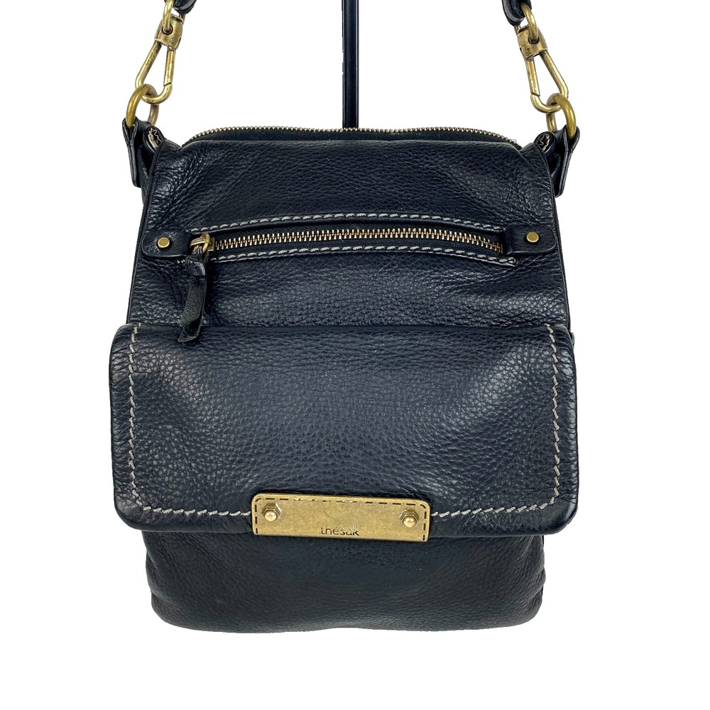 The Sak Leather Shoulder Bag Purse Parker Black Pockets Foldover Crossbody